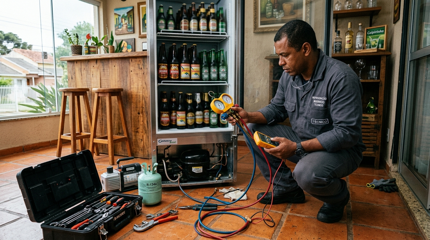 Técnico realizando manutenção de motor de cervejeira em Franca‑SP