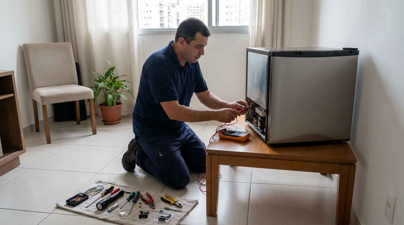 Técnico realizando manutenção de motor de frigobar em Franca‑SP